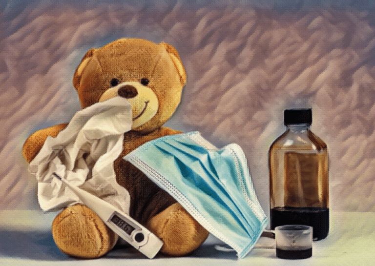 teddy bear with face mask thermometer tissue and cough medicine