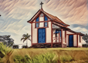 church house with cross and palm trees