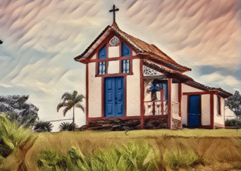 church house with cross and palm trees