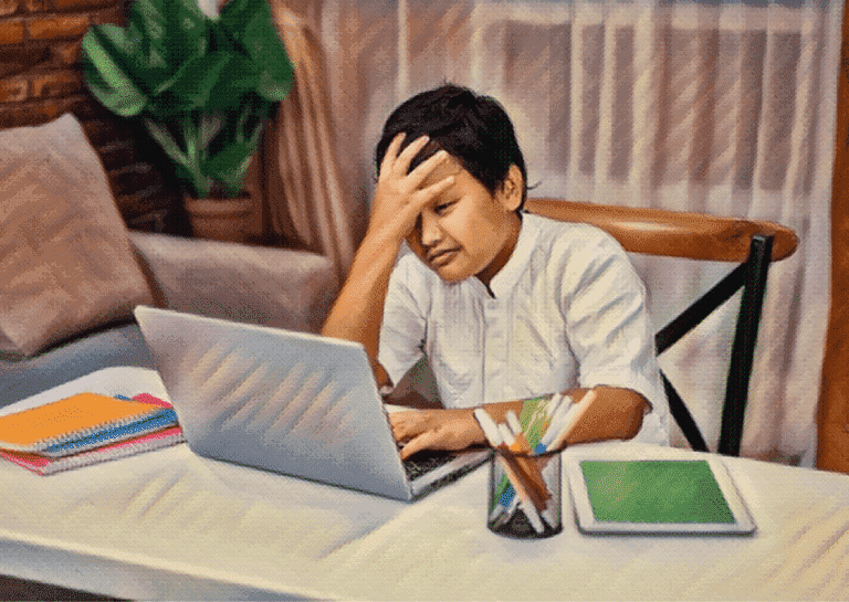 stressed boy with hand on forehead infrom of schoolwork and computer