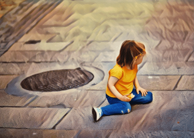 young girl in yellow shirt and jeans sitting on the ground and looking away