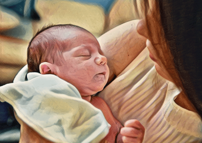 mother holding young newborn infant baby in arms