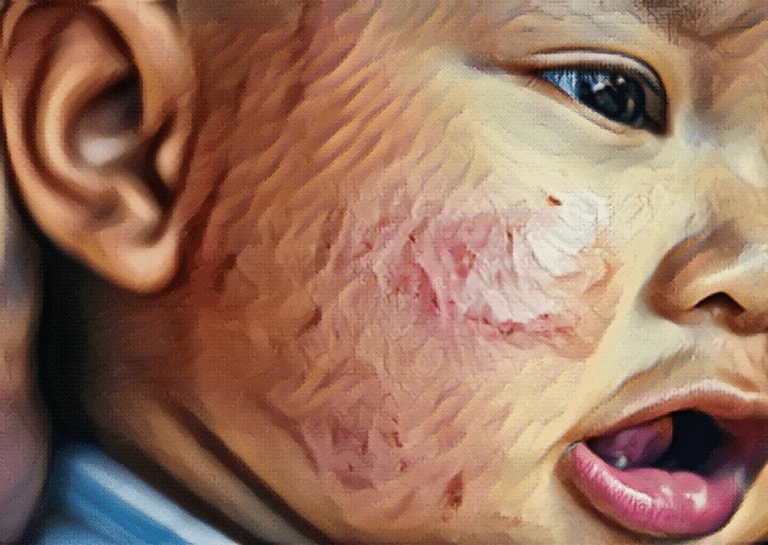 young toddler baby with red rash eczema on cheek