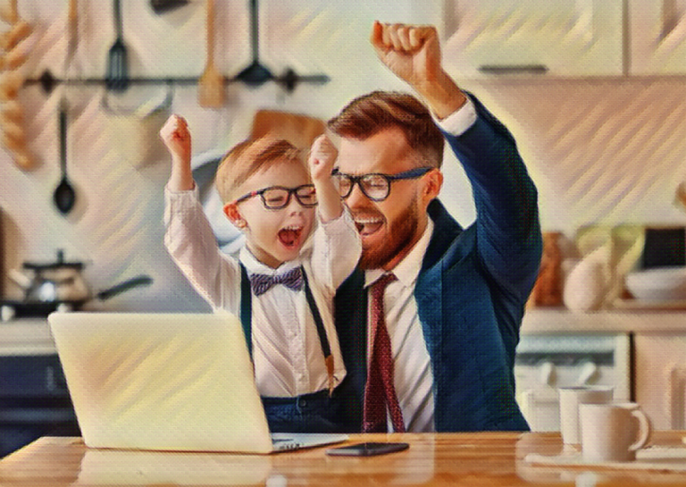 father and son cheering celebrating success
